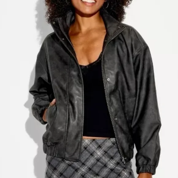 NWT WILD FABLE Womens Bomber Jacket Faux Leather Black Wash XXL - Picture 1 of 5